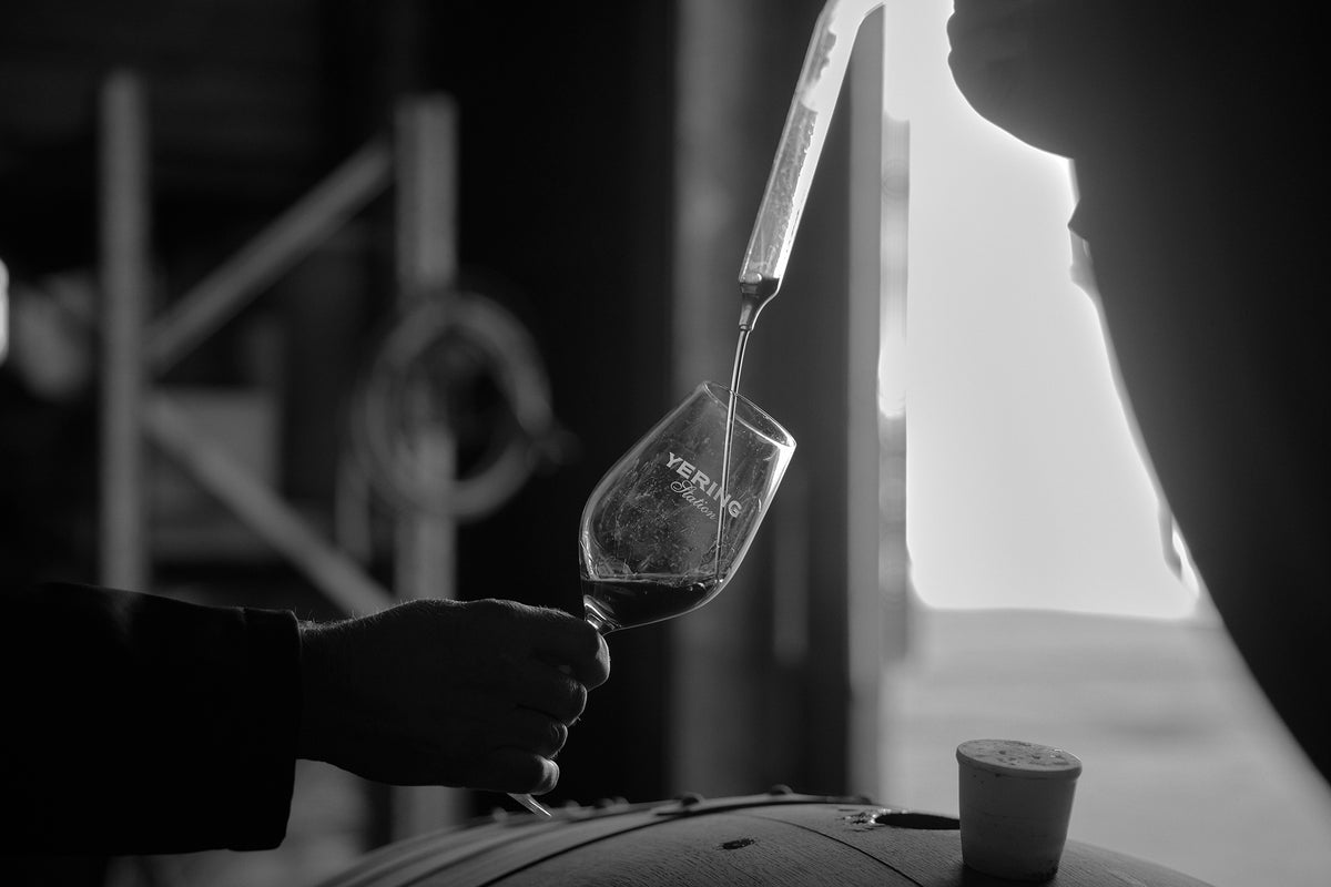 Black and white close-up of wine being drawn from a barrel into a Yering Station glass