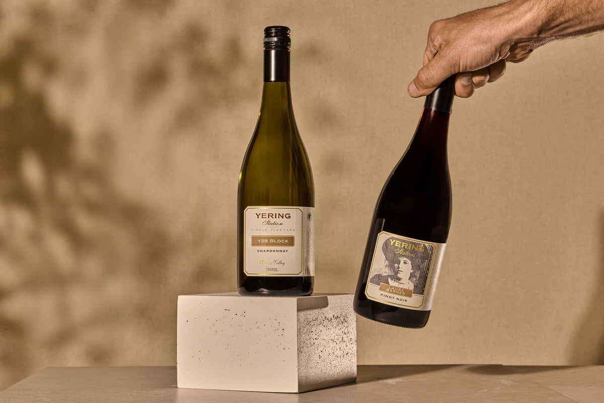 Hand holding a bottle of Yering Station Pinot Noir beside a bottle of Y28 Block Chardonnay