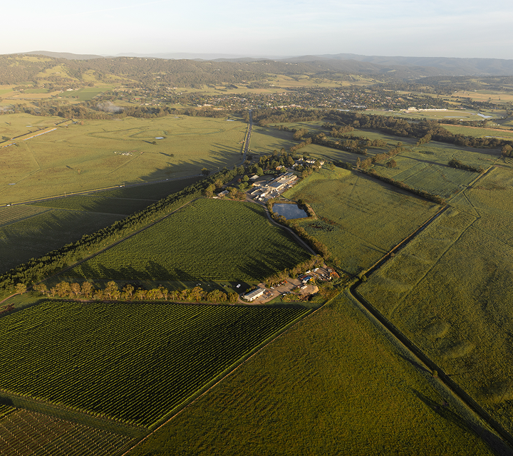 Aerial view of the Yering Station vineyard estate and surrounding valley
