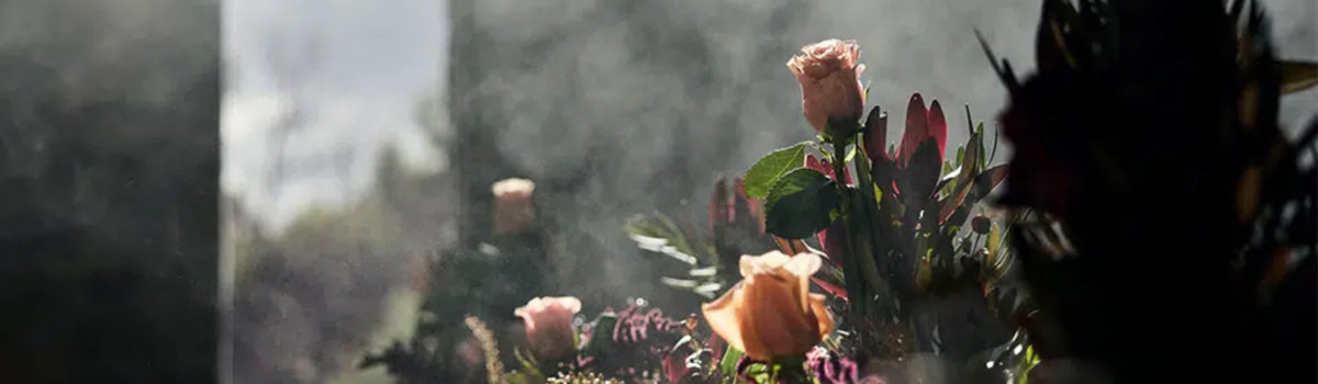 Close-up of pink roses and native flowers on an outdoor table in soft misty light