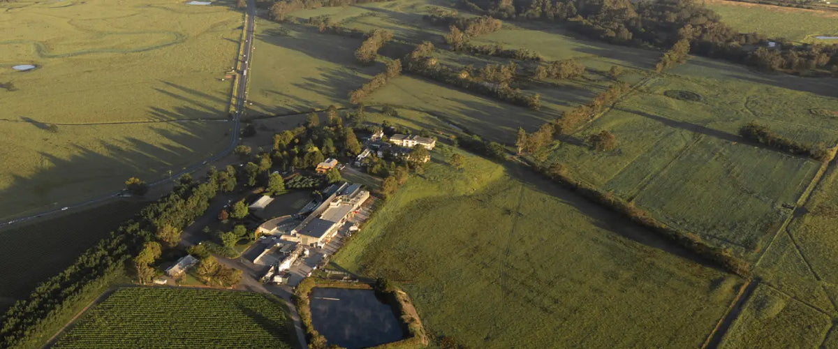 Aerial view of the Yering Station winery buildings surrounded by vineyards and paddocks