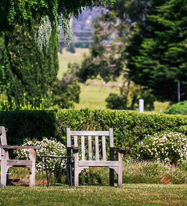 Wooden garden benches surrounded by flowering shrubs and hedges