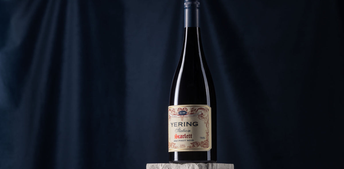Bottle of Yering Station Scarlett Pinot Noir standing on a stone pedestal against a dark blue curtain